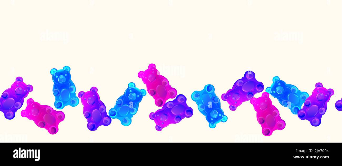 Farbenfrohe Gummibärchen mit nahtlosem Muster. Helles, süßes Lebensmittelbanner mit Gelee-Bonbons. Stock Vektor