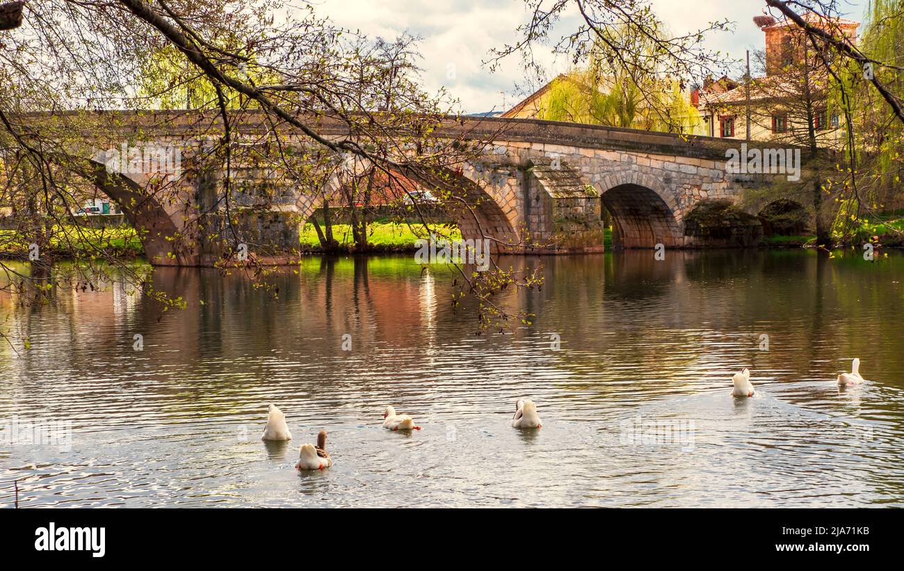 Der Fluss Arlanza, der über die römische Brücke von Puentedura führt Stockfoto