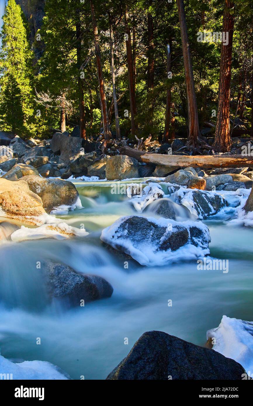 Eisiger Fluss in der Wildnis, der über eisige und frostige Felsen stürzt Stockfoto