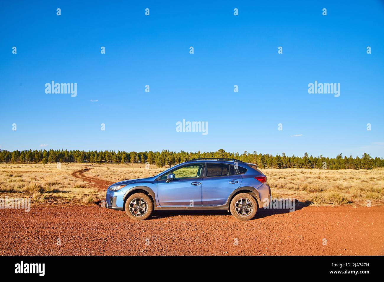 Blue Subaru Crosstrek an der Wüstenstraße Stockfoto