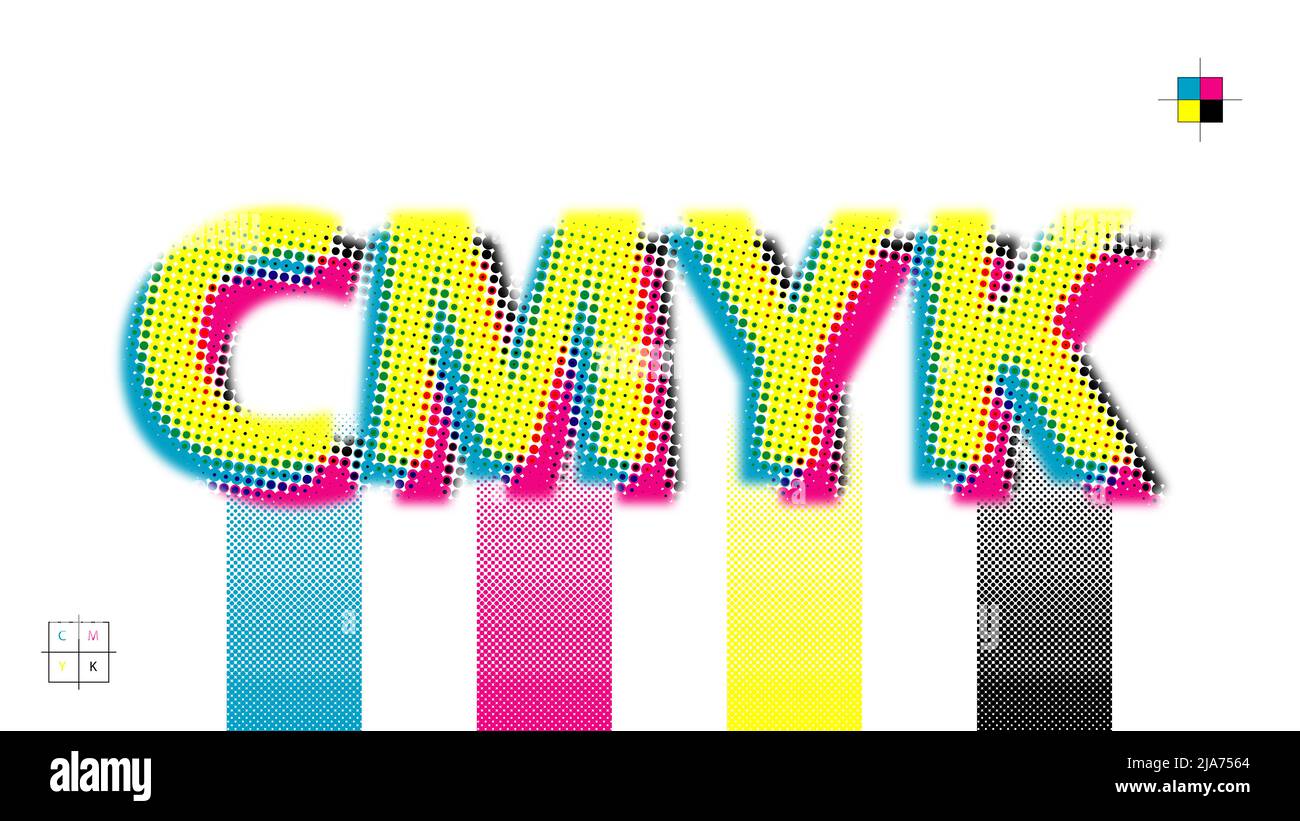 Farbe im CMCMCMY-Druckverfahren verwendet DER OFFSETDRUCK im Allgemeinen die Tinte aus vier Farben, Cyan, Magenta, Gelb und Schwarz, mehreren Bildschirmen und Halbtönen Stockfoto