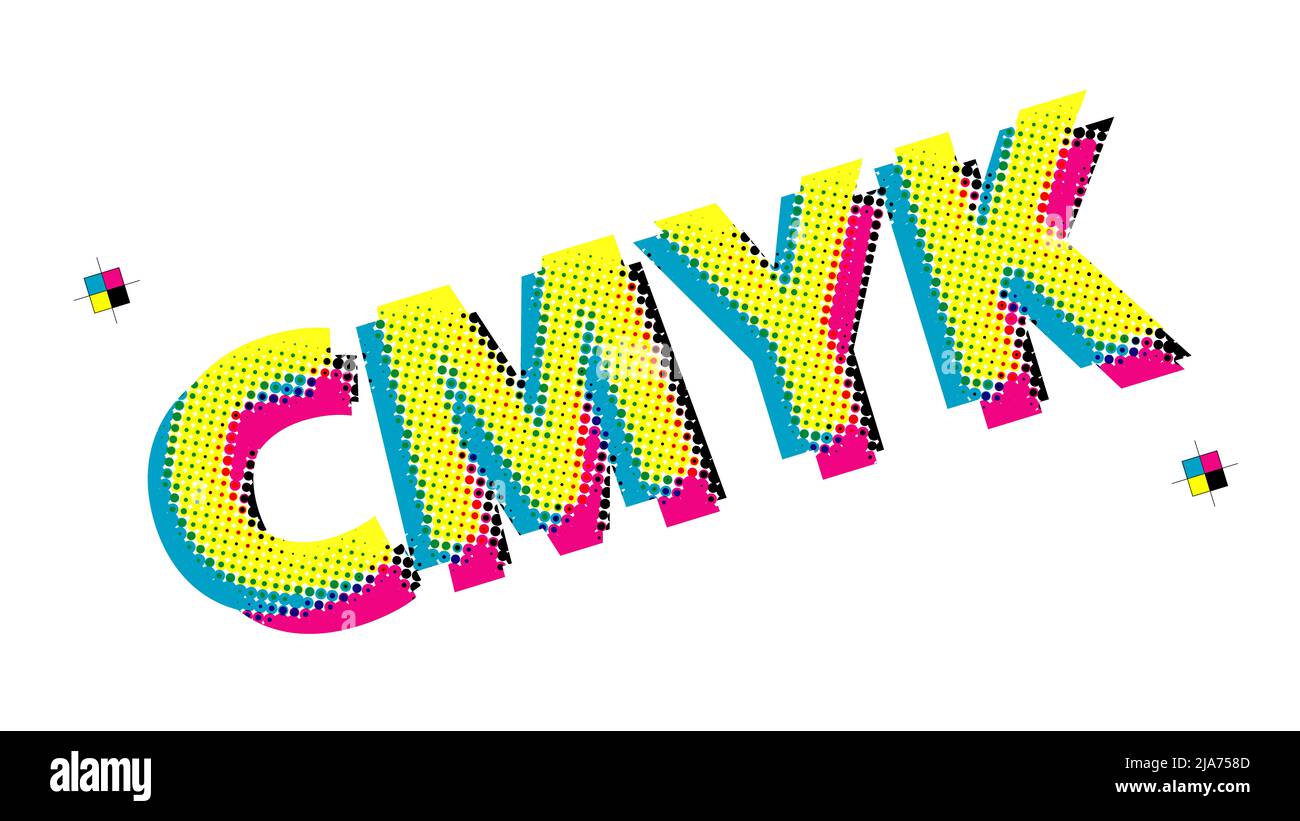 Farbe im CMCMCMY-Druckverfahren verwendet DER OFFSETDRUCK im Allgemeinen die Tinte aus vier Farben, Cyan, Magenta, Gelb und Schwarz, mehreren Bildschirmen und Halbtönen Stockfoto