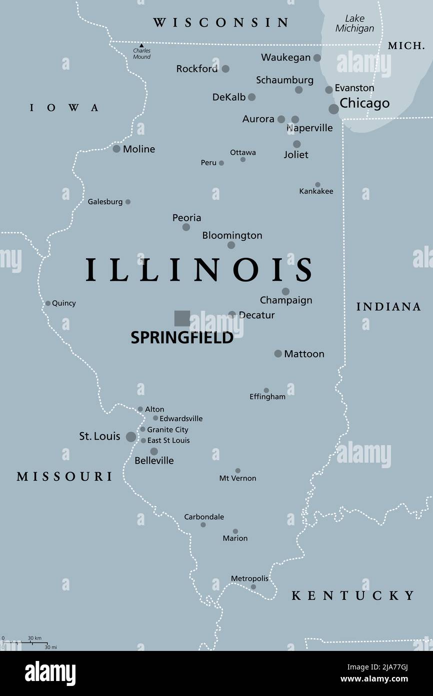 Illinois, IL, graue politische Landkarte mit der Hauptstadt Springfield und dem Großraum Chicago. Staat im Mittleren Westen der Vereinigten Staaten. Stockfoto