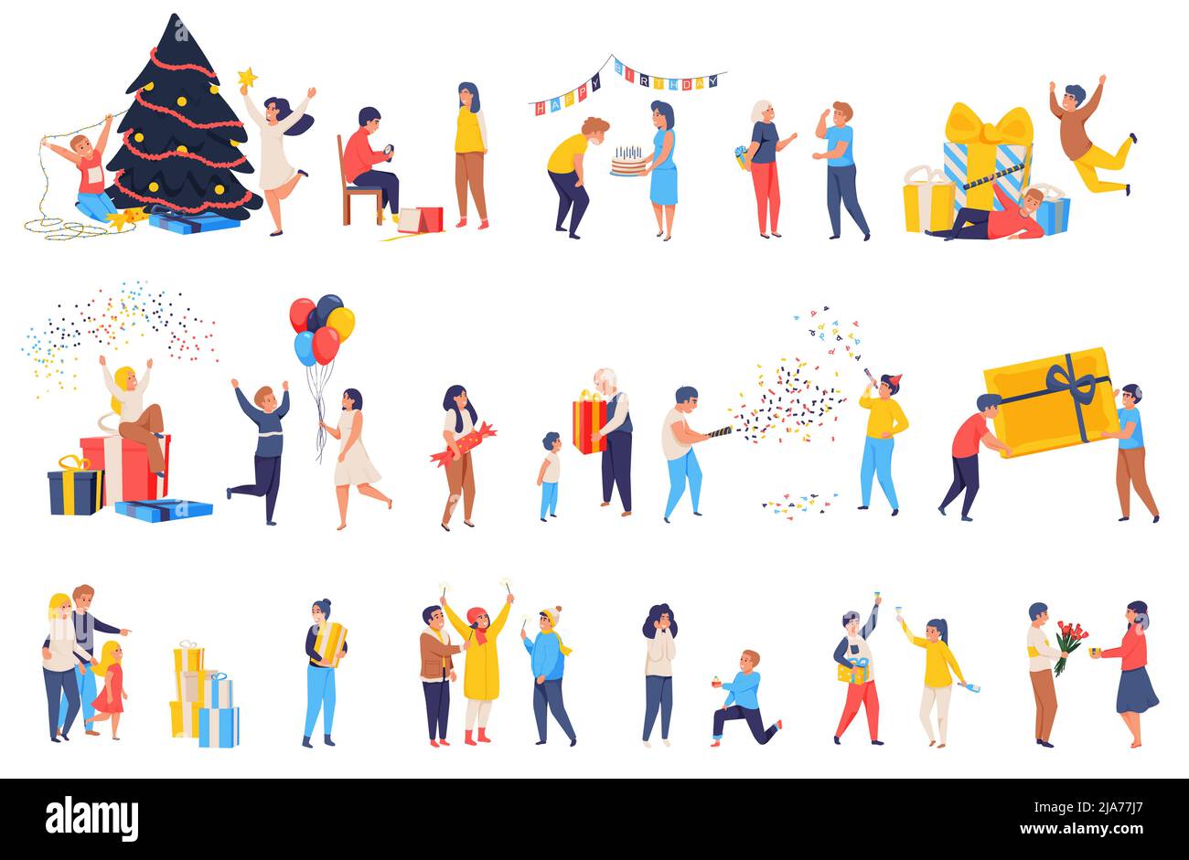 Happy Celebration Menschen flache Ikonen Sammlung von isolierten menschlichen Charakteren mit bunten Ballons und Geschenk-Boxen Vektor-Illustration Stock Vektor