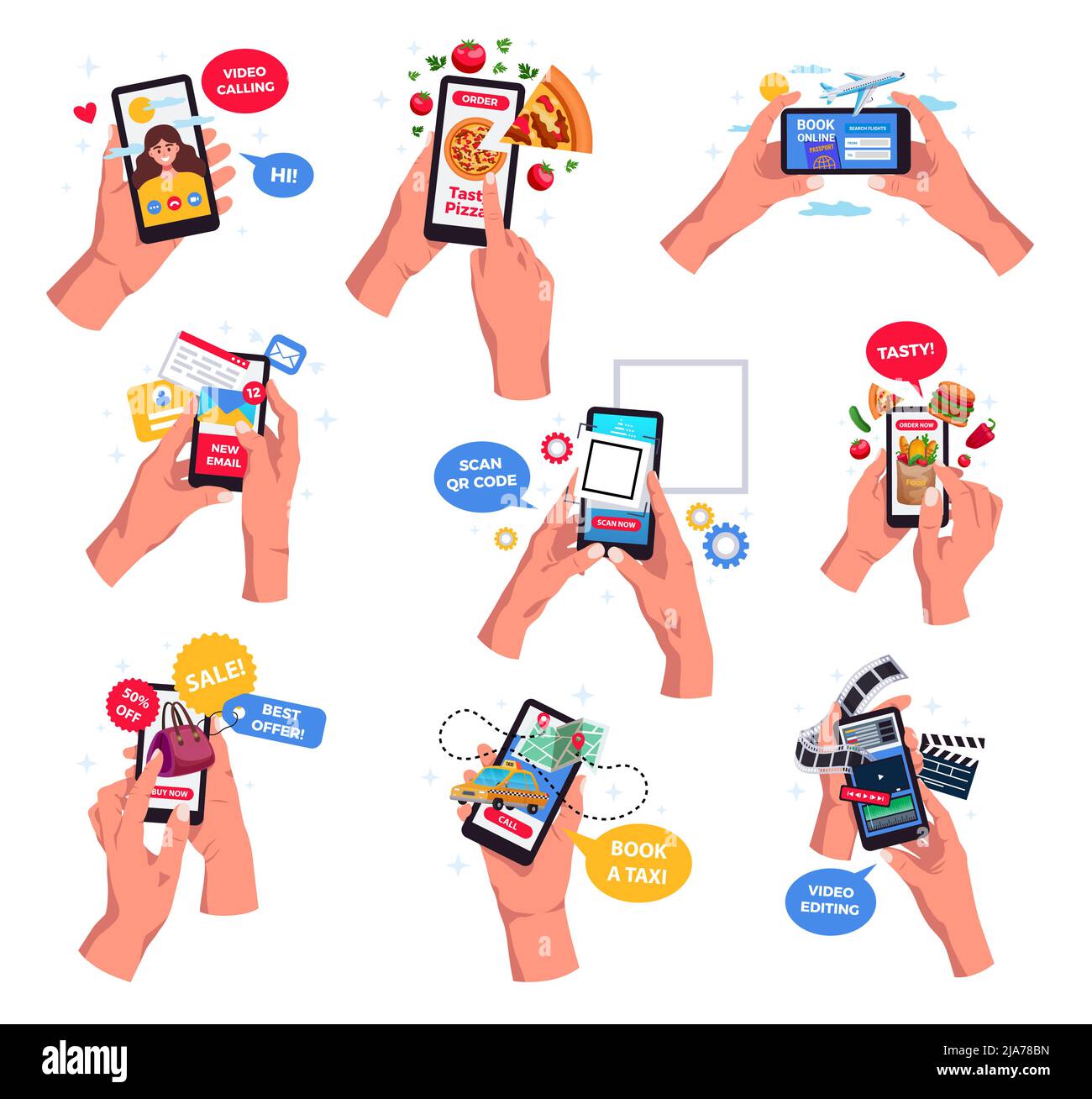 Hände halten Smartphones Video-Anrufe Scannen Barcode Buchung Tickets Online-Messaging Social Networking Flat Set Vektor-Illustration Stock Vektor