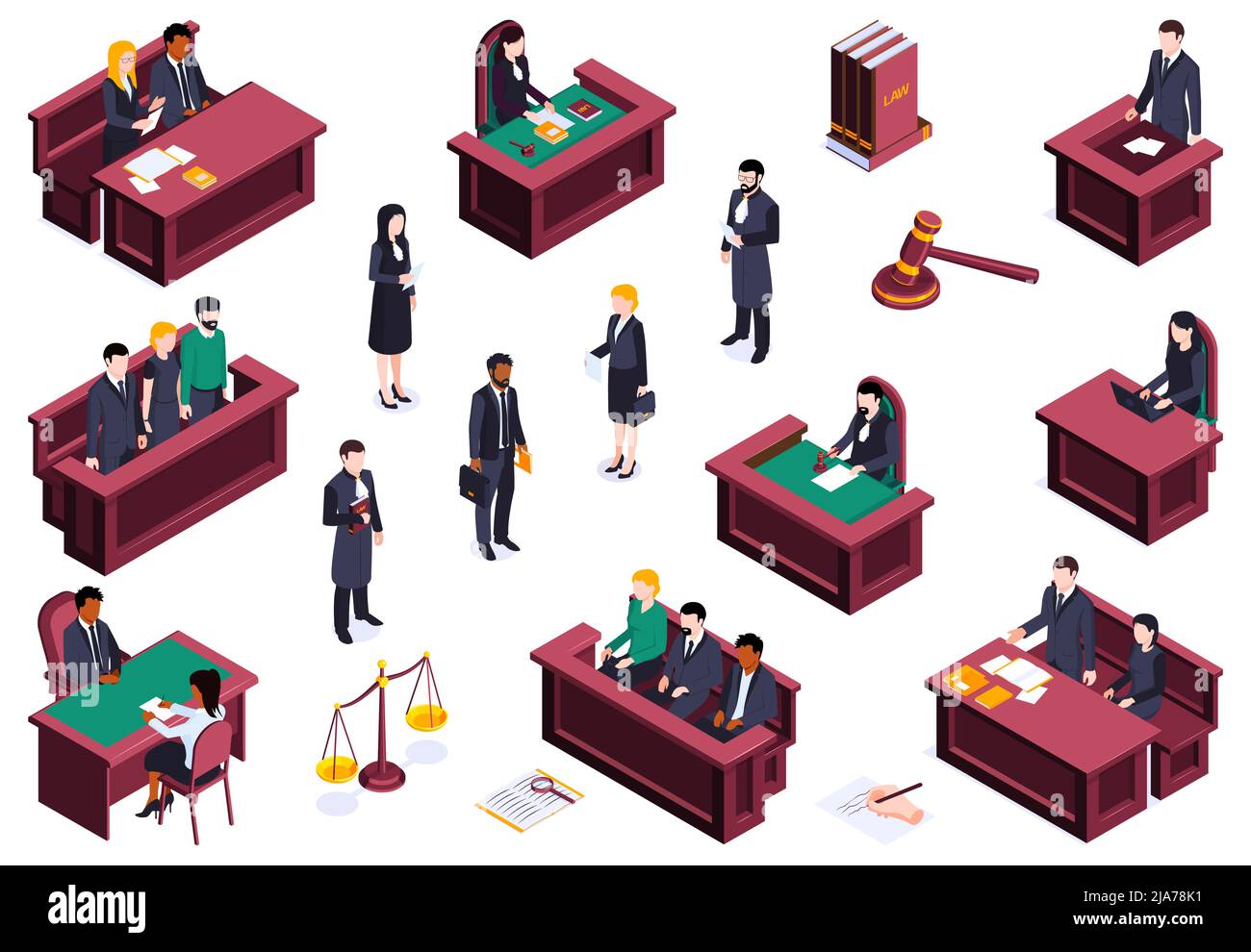 Isometrische Justiz Gesetz Satz von isolierten Ikonen menschliche Charaktere der Versuchsteilnehmer hölzerne Tribünen und Dokumente Vektor illustraion Stock Vektor