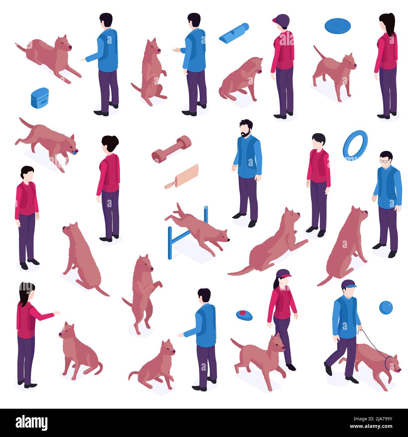 Isometrische Hund Ausbildung cynologist mit isolierten Symbolen von Spielzeug Barrieren und menschliche Charaktere Erziehung Hunde Vektor Illustration gesetzt Stock Vektor