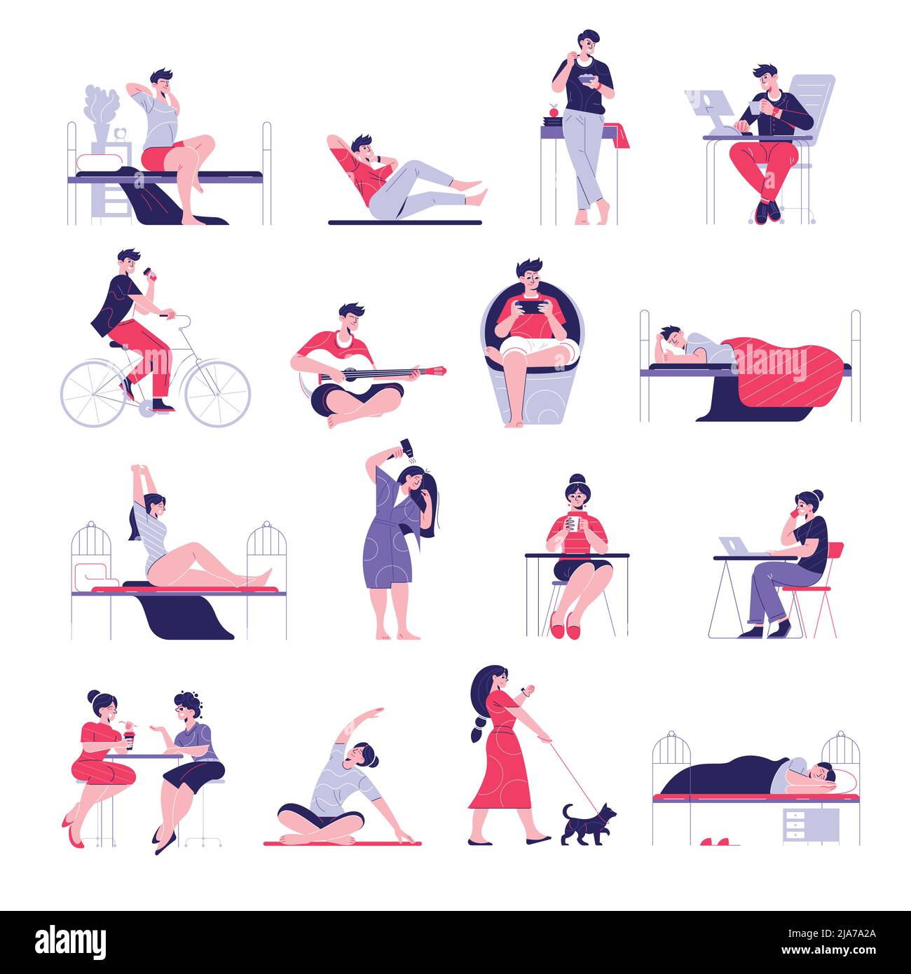 Mann Frau tägliche Routine mit männlichen und weiblichen Charakteren während der täglichen Aktivitäten auf leerem Hintergrund Vektorgrafik eingestellt Stock Vektor