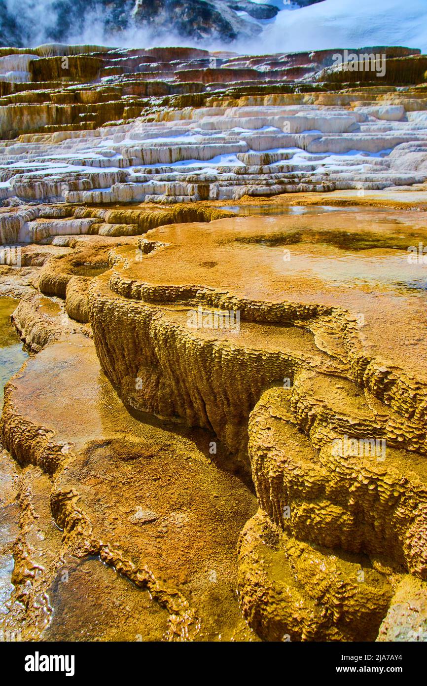Details von Yellowstone Terrassen im Winter an heißen Quellen Stockfoto