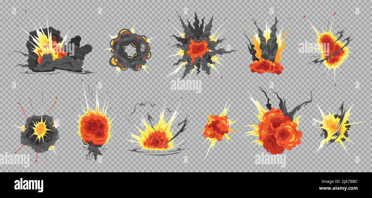 Atombombenexplosionen Schutt Feuer Knall Wolken Form bunt auf grauem transparenten Hintergrund Vektor-Illustration gesetzt Stock Vektor