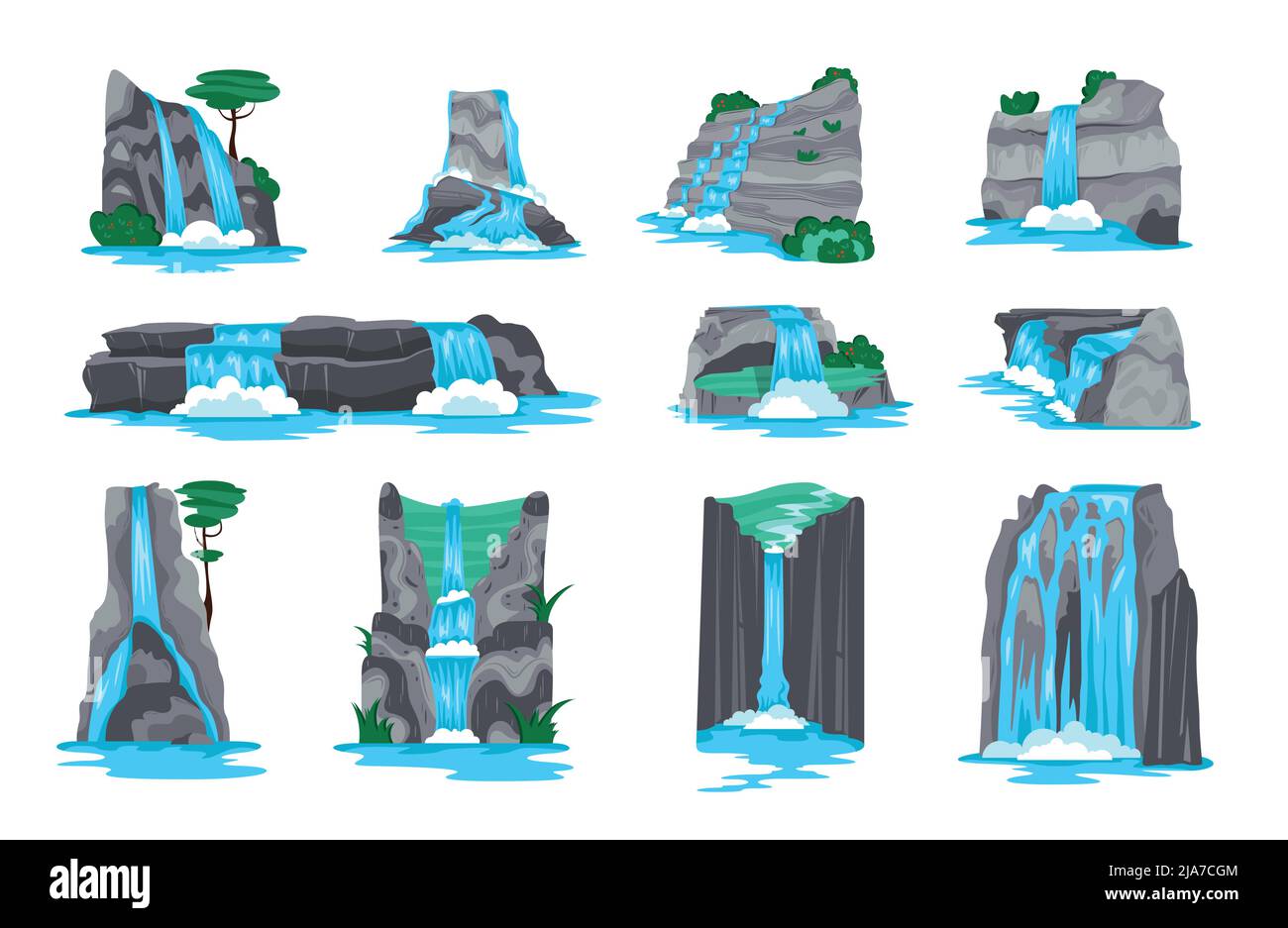 Wasserfall in den Bergen Cartoon Satz von dekorativen Elementen für Videospiel-Schnittstelle isoliert auf weißem Hintergrund Vektor-Illustration Stock Vektor