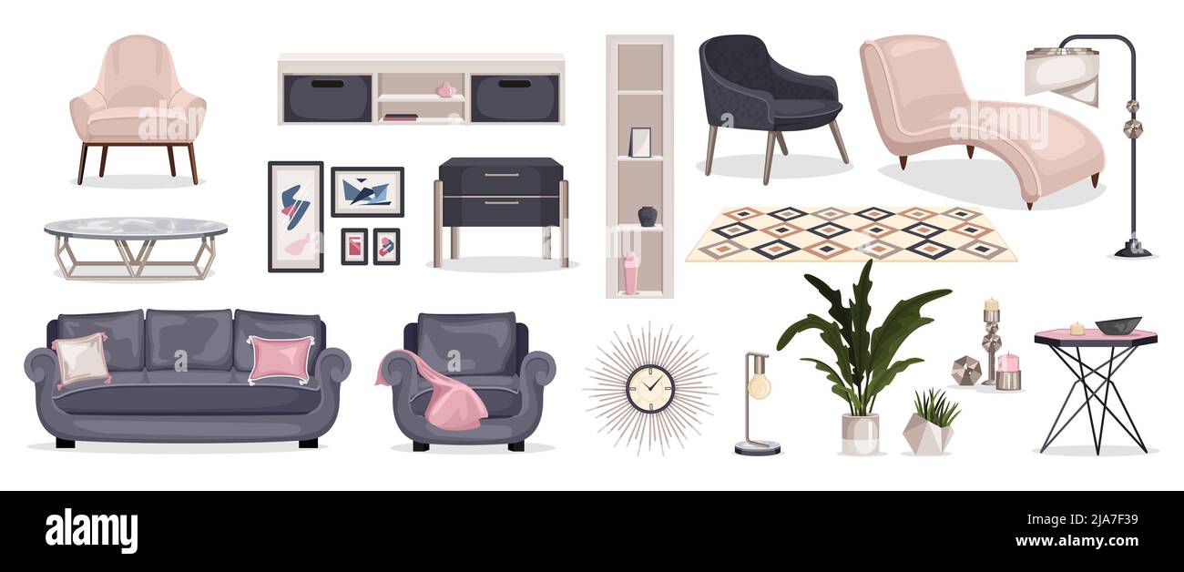 Möbel Interieur Farbsatz von isolierten Ikonen mit Designer-Möbel Bilder mit Lounge-Stühle Regale Tische Vektor-Illustration Stock Vektor
