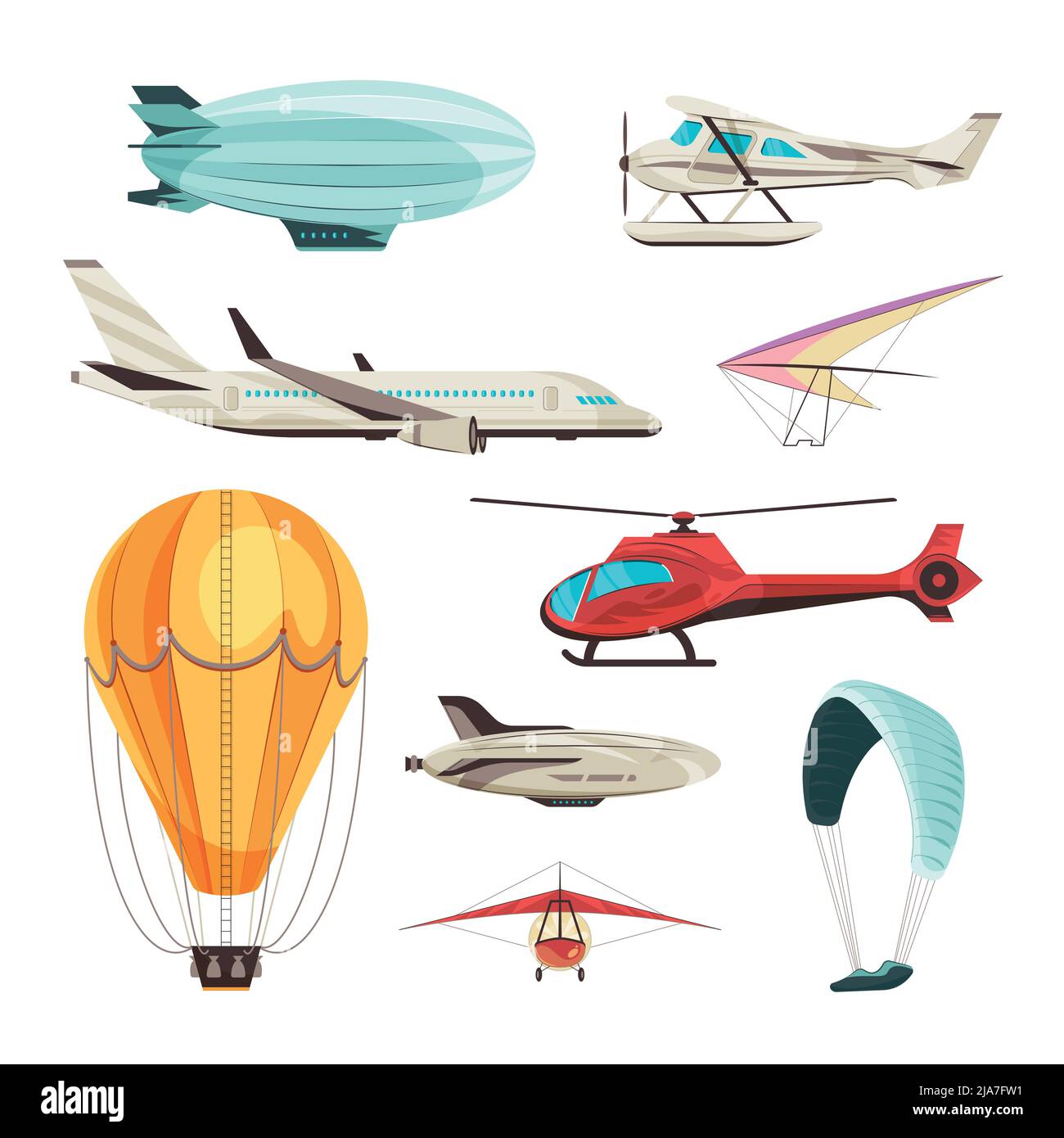 Verschiedene Arten von zivilen Lufttransport Seitenansicht Set flache Vektor-Illustration Stock Vektor