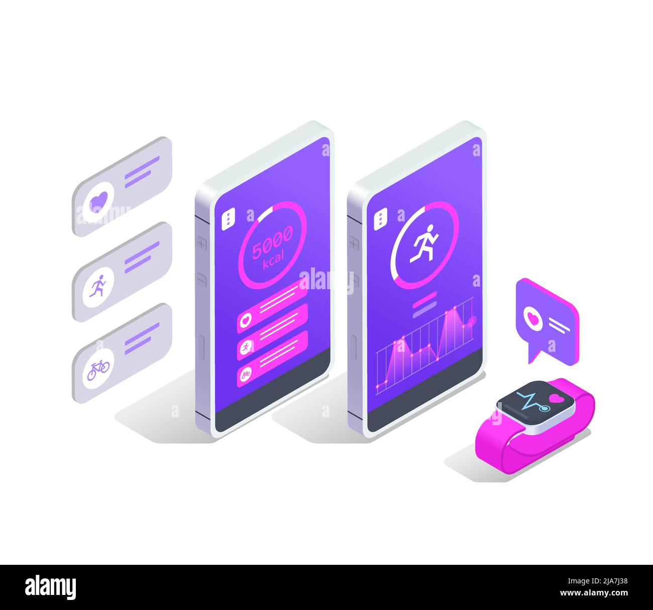 Online-Fitness-Workout Yoga zu Hause isometrische farbige Konzept Smartphone-App für die Synchronisierung und Übertragung von Daten von Smart Watch Vektor illustrat Stock Vektor