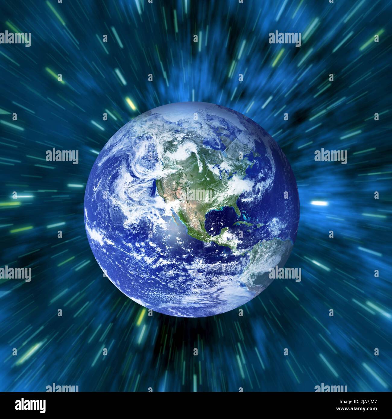 Planet Erde bewegt sich durch die Raumzeit Stockfoto