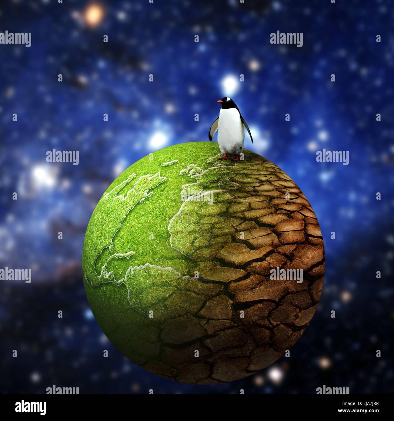 pinguin steht auf einem Planeten Erde Teiltrockenes, globales Erderwärmungs-Konzept Stockfoto