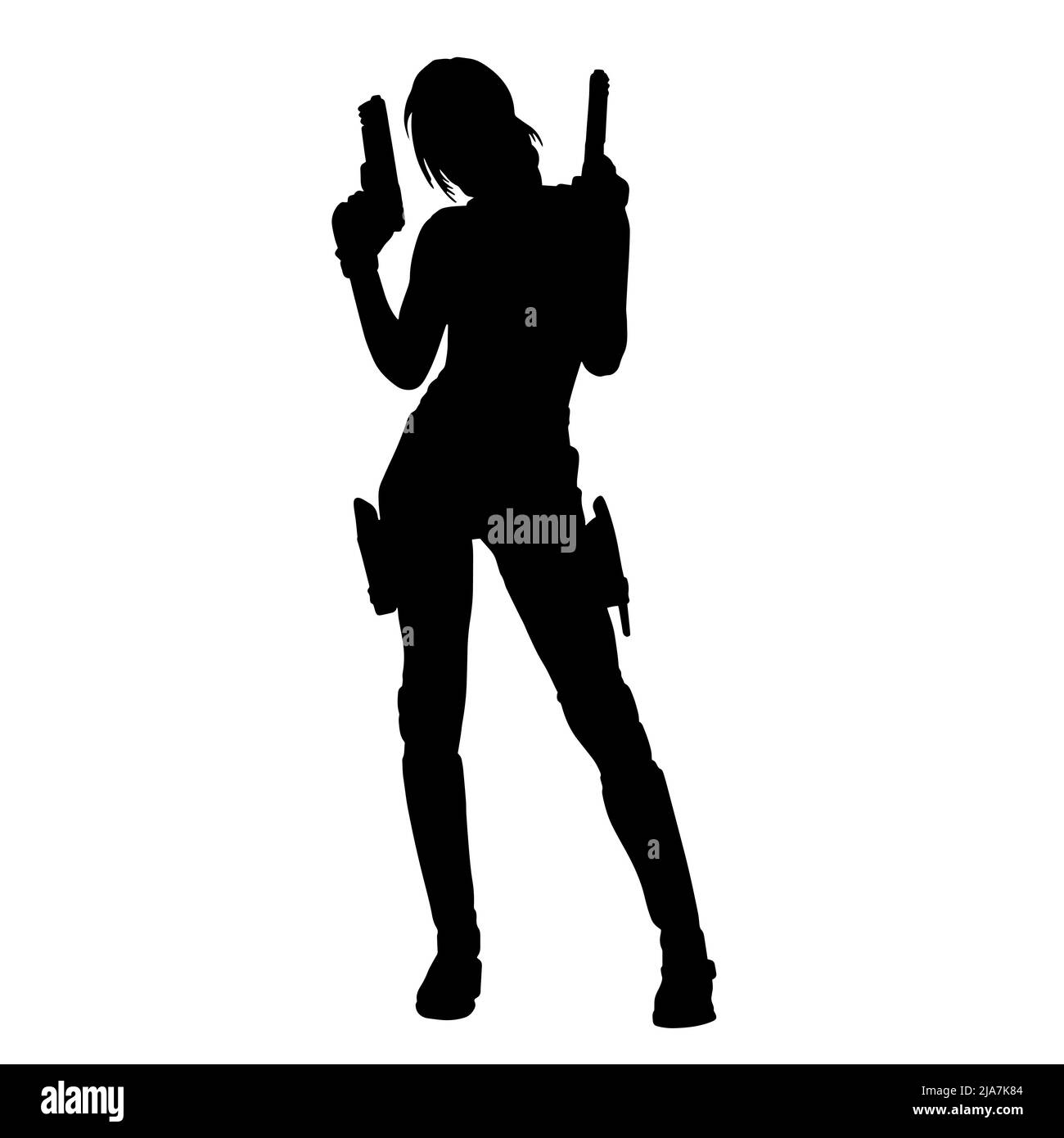 Schwarz-weiße Silhouette eines Mädchens mit einem Gewehr. Eine super Frau in einem Lederanzug mit Pistolen und einem Maschinengewehr oder Gewehr. Ein Computerspiel Stockfoto