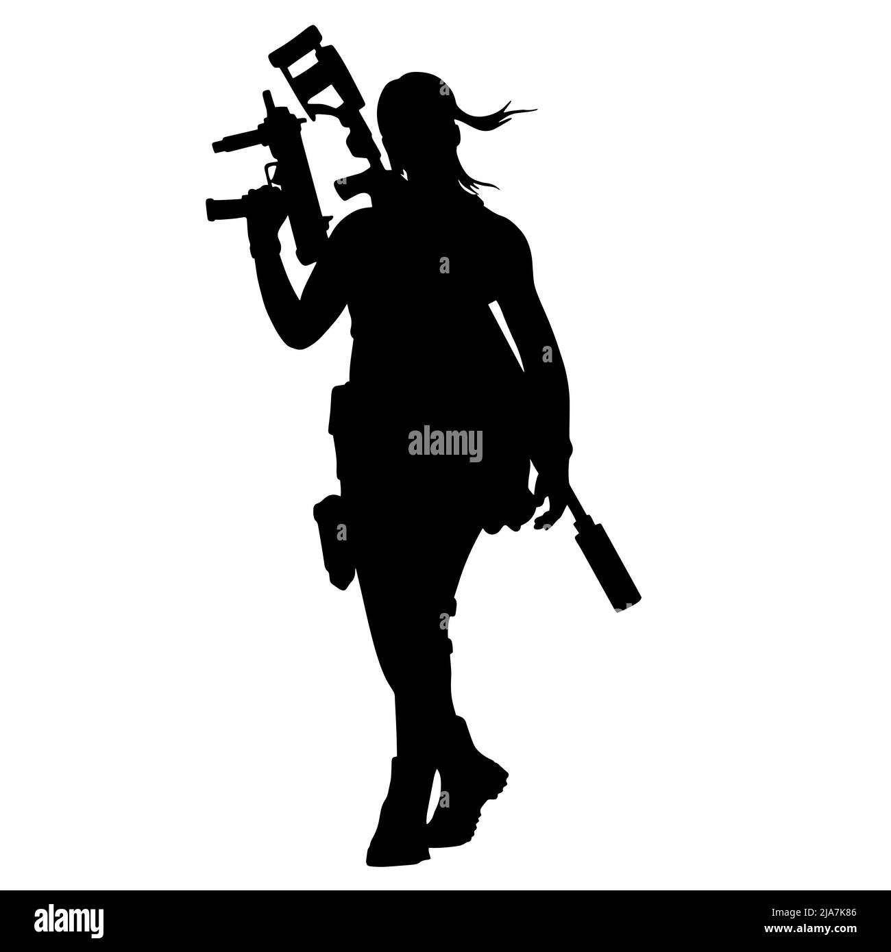 Schwarz-weiße Silhouette eines Mädchens mit einem Gewehr. Eine super Frau in einem Lederanzug mit Pistolen und einem Maschinengewehr oder Gewehr. Ein Computerspiel Stockfoto