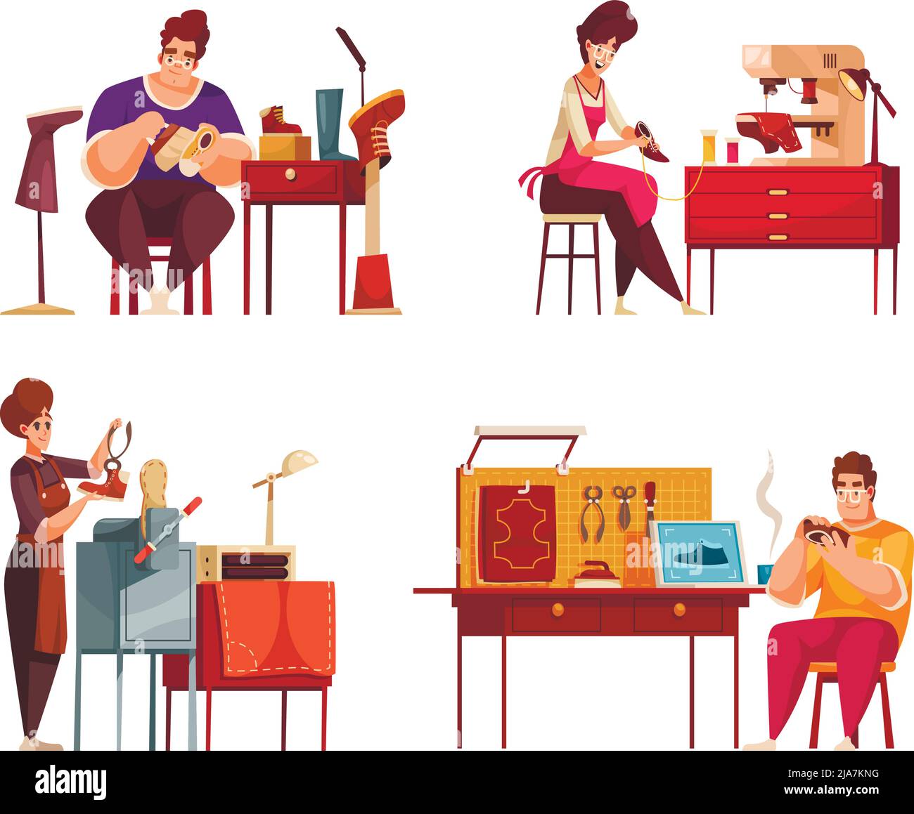 Cartoon Schuhmacher vier Kompositionen mit Schuster Reparatur Schuhe mit speziellen Geräten in der Werkstatt isoliert Vektor-Illustration gesetzt Stock Vektor