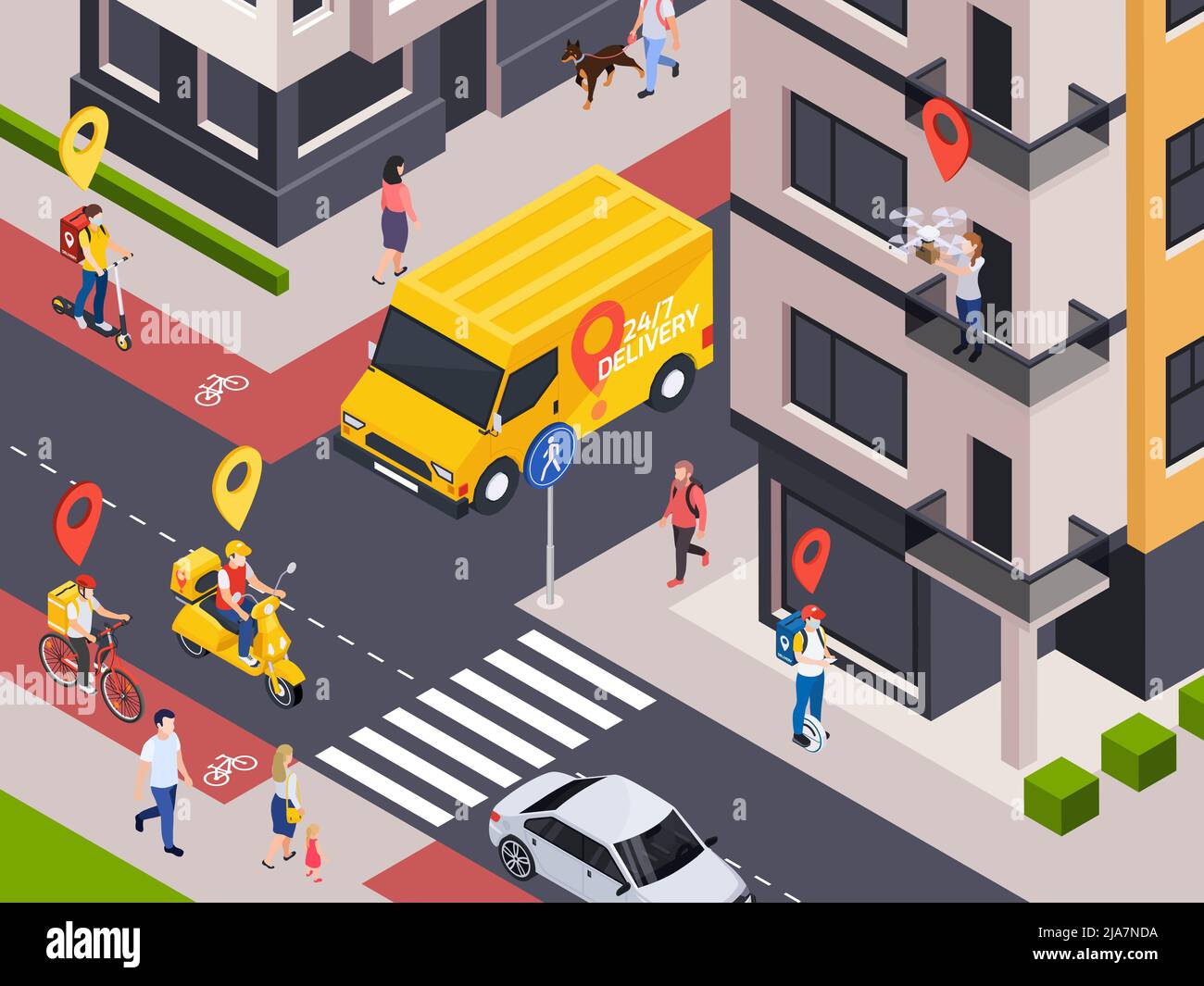 Lieferung Service isometrische Zusammensetzung mit Blick auf die Stadt Straße mit Ortsschildern über Kuriere und Kunden Vektor-Illustration Stock Vektor