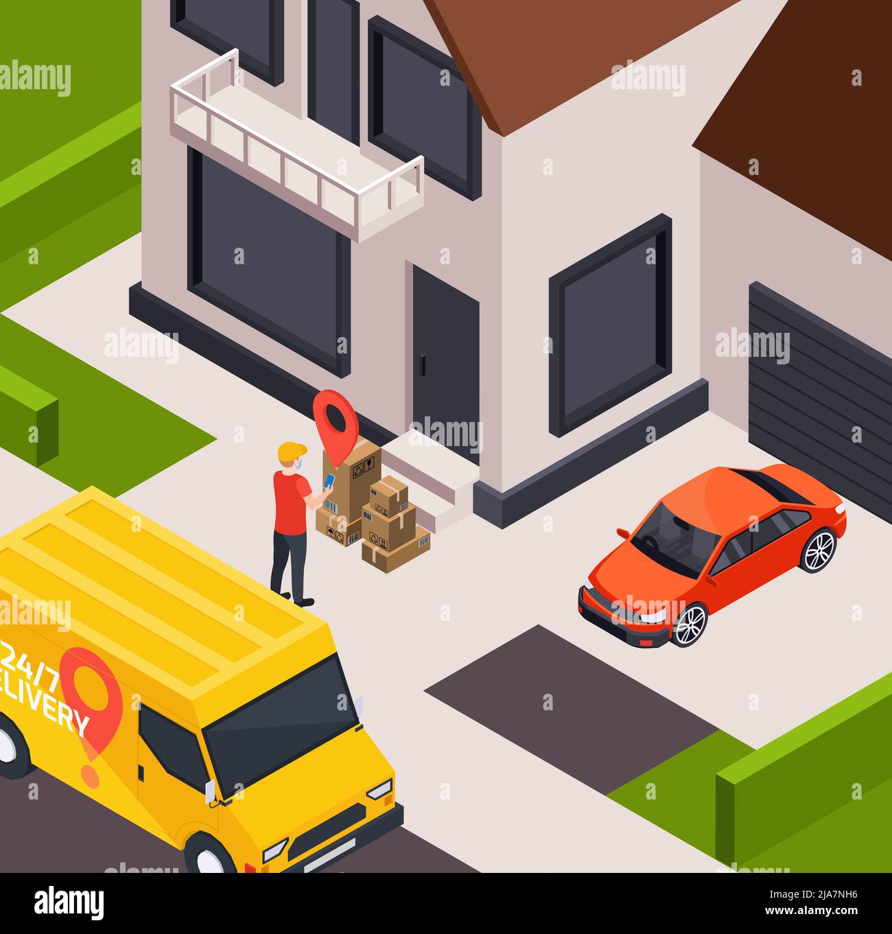 Lieferservice isometrische Zusammensetzung mit Außenansicht des Hauses mit gelben Lieferwagen und Kurier mit Paketen Vektorgrafik Stock Vektor