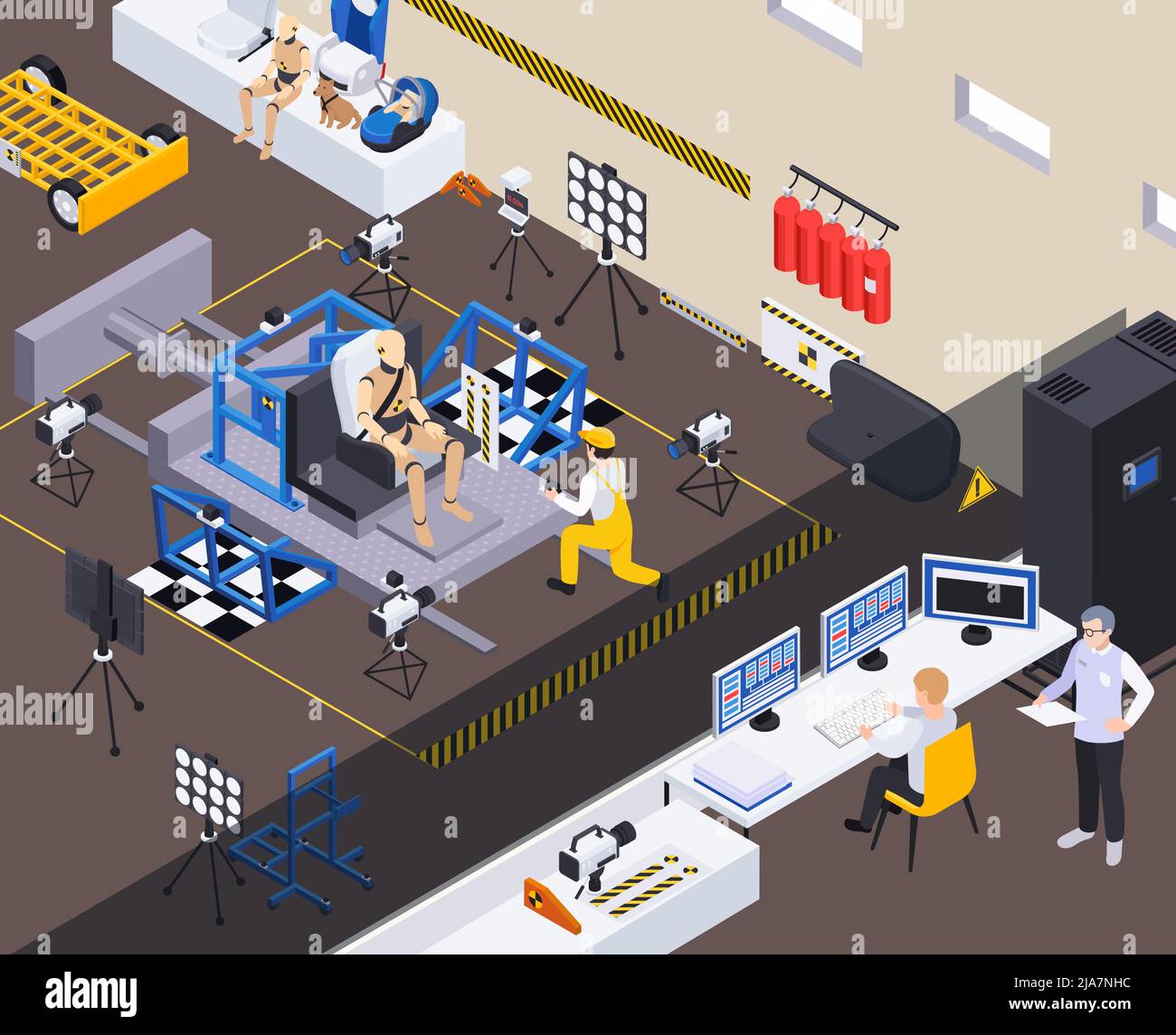 Crash-Test Auto Sicherheit isometrische Zusammensetzung mit Automobil-Ingenieure sammeln Daten von Dummy Schaufensterpuppe in Stuhl Vektor-Illustration Stock Vektor