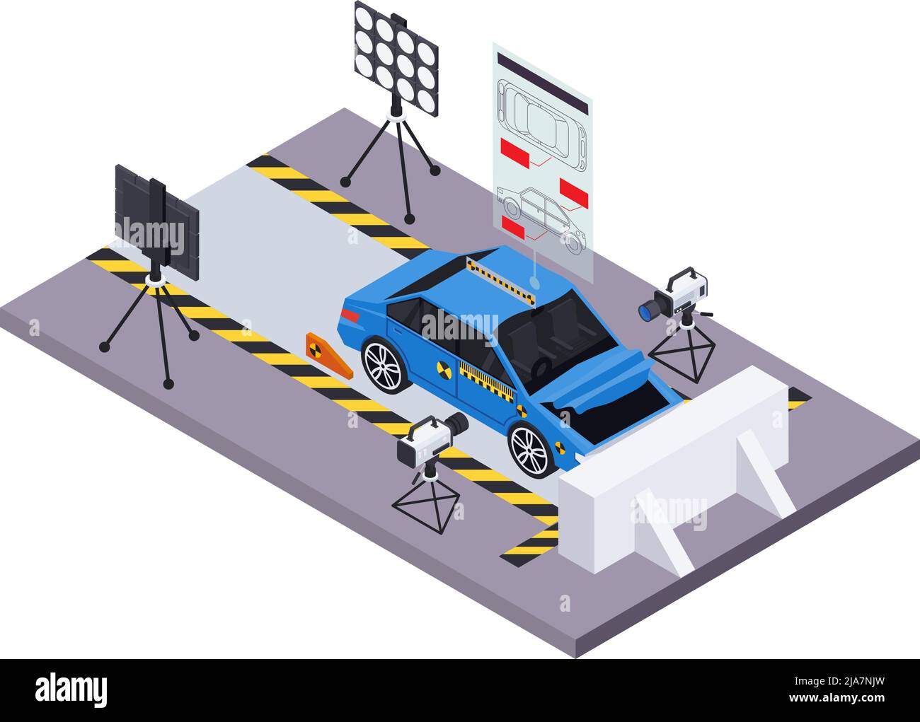 Crash-Test Auto Sicherheit isometrische Zusammensetzung mit Teststrecke Landschaft Beleuchtung Ausrüstung Kameras und Eintauchen Automobil-Vektor-Illustration Stock Vektor