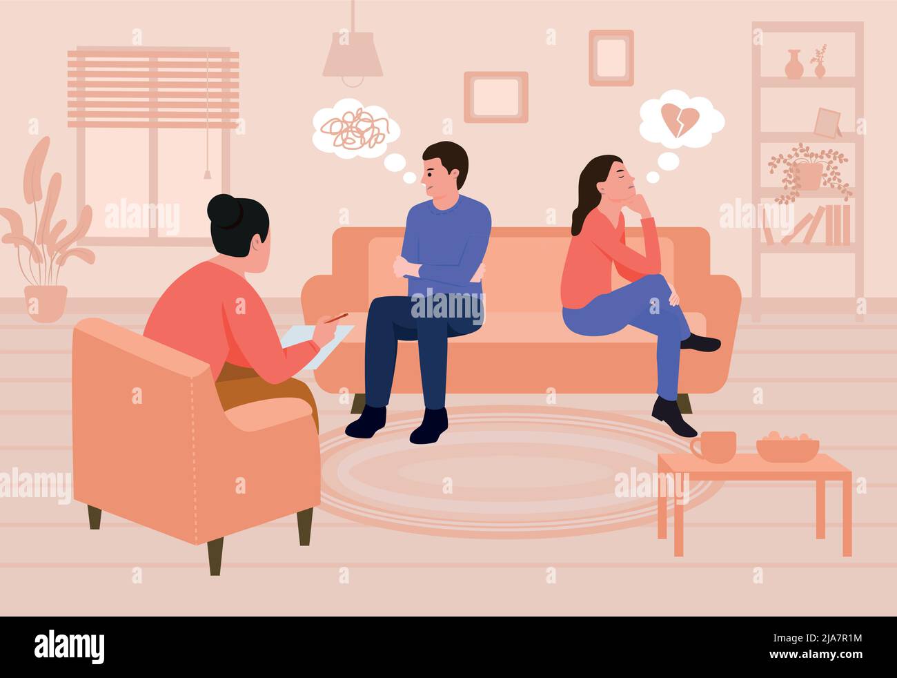 Scheidung flache Zusammensetzung demonstriert Psychologe mit unglücklichen traurigen Paar sitzt auf der Couch mit dem Rücken abgewandt Vektor-Illustration Stock Vektor