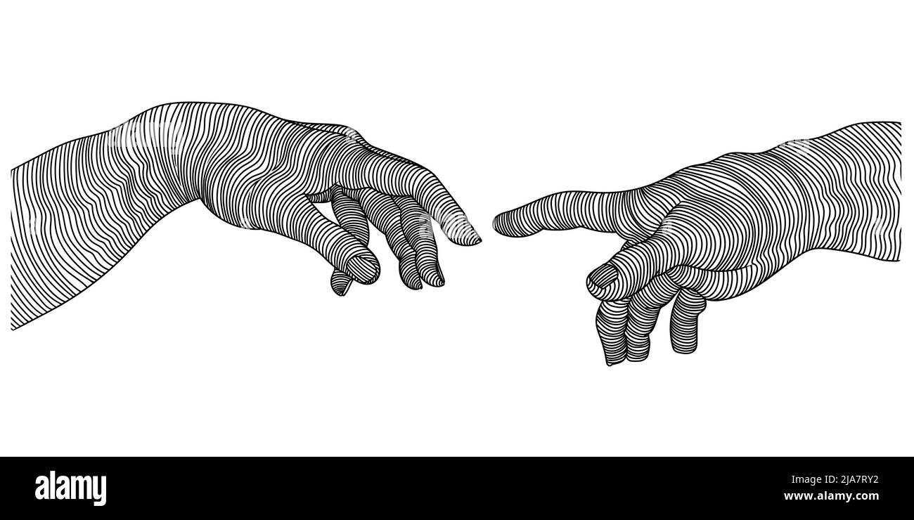 Zwei Hände reichen aneinander aus. Fragment von Michelangelos Fresko die Geburt Adams. Stock Vektor