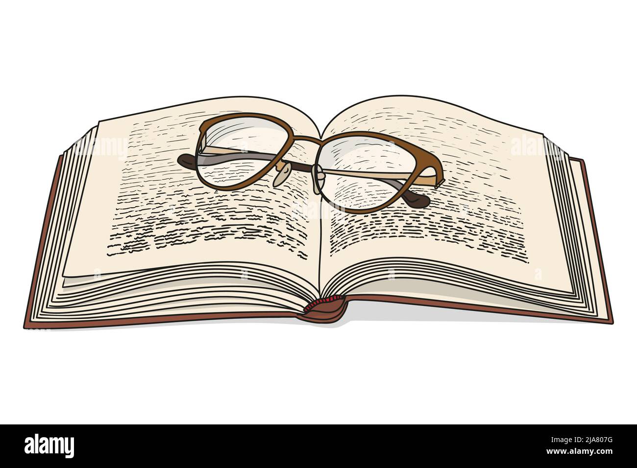 Ein offenes Buch mit Brille isoliert auf weißem Hintergrund. Stock Vektor