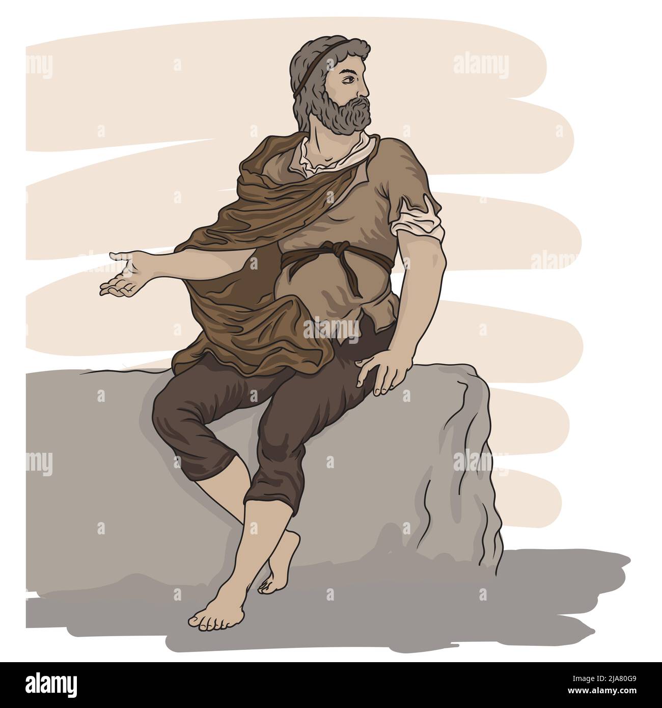 Ein Mann in altmodischen Kleidern sitzt auf einem Stein und zeigt Gesten. Stock Vektor