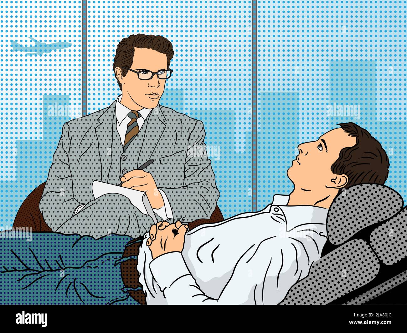 Ein junger Mann in einem weißen Hemd liegt während einer Sitzung mit einem Psychoanalytiker mit gefalteten Händen auf einem Sessel. Stock Vektor