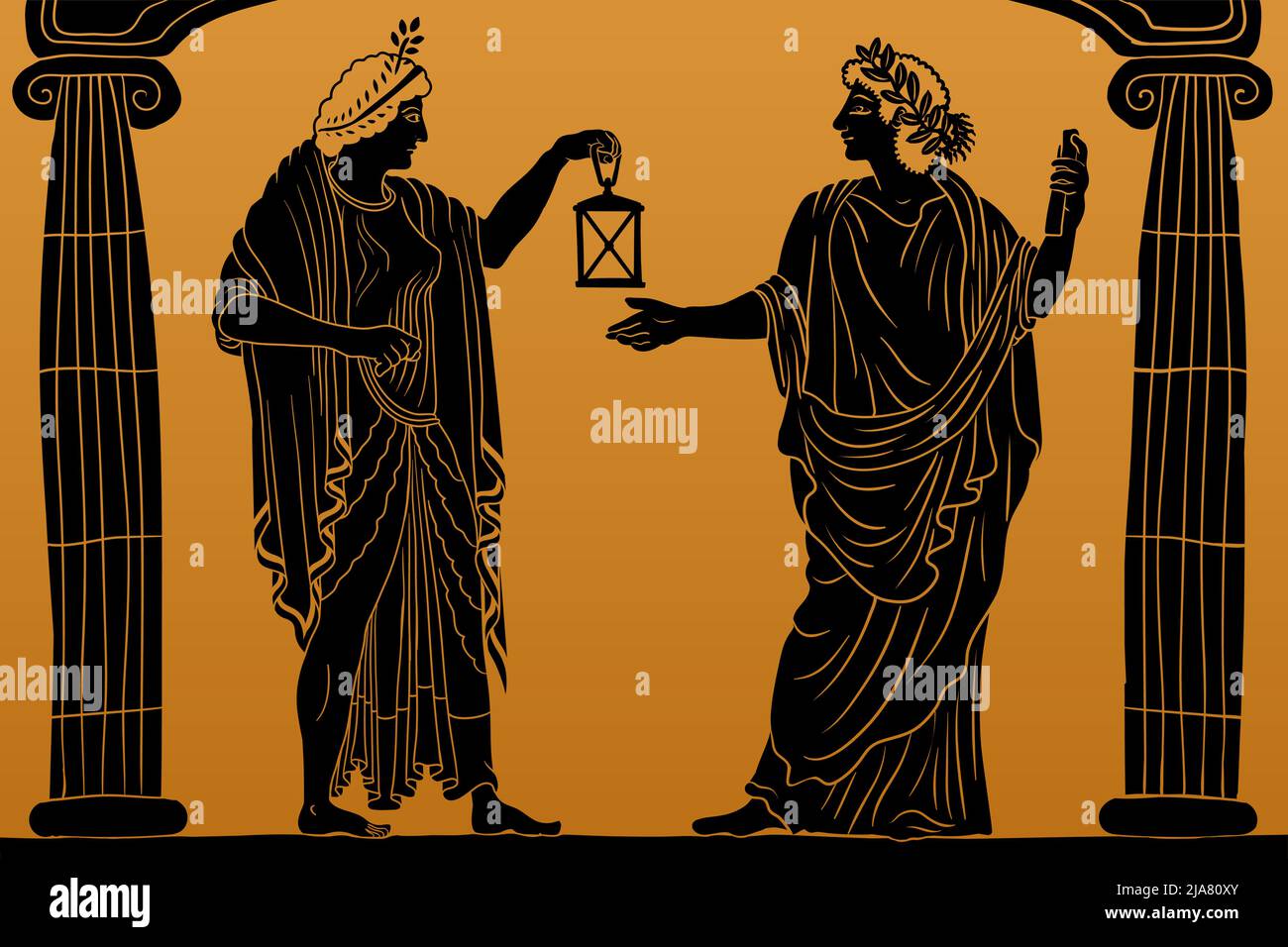 Zwei alte griechische junge Frauen mit einem Lorbeerkranz auf dem Kopf in einer Tunika und einem Umhang stehen zwischen zwei Säulen und halten eine Laterne in der Hand. Stock Vektor