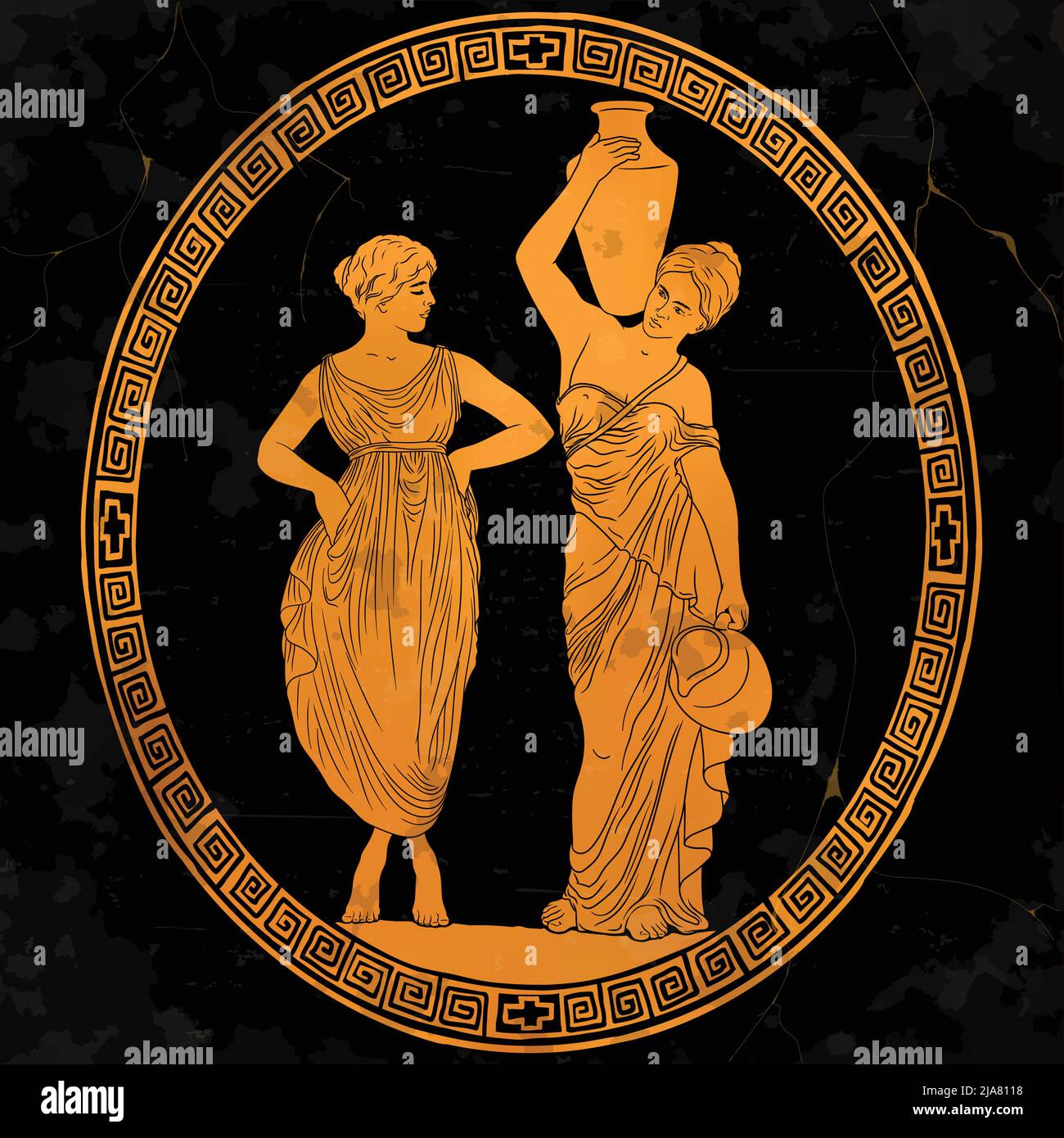 Zwei alte griechische junge schöne Frauen tragen Wasser in Krügen und führen einen Dialog. Zeichnung auf antiken Gerichten. Stock Vektor