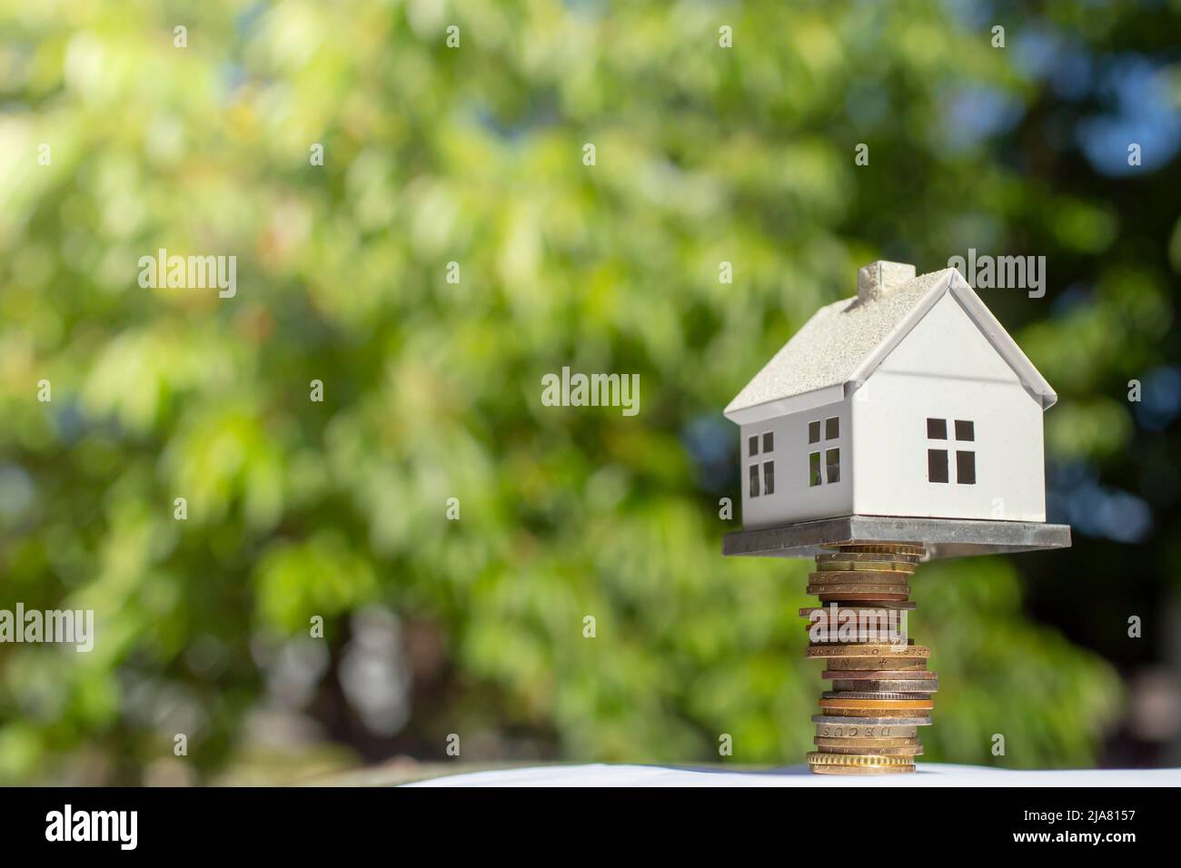 Modellieren Sie ein Miniaturhaus auf einem Münzstapel mit einem unfokussierte Baum im Hintergrund als Kopierraum Stockfoto