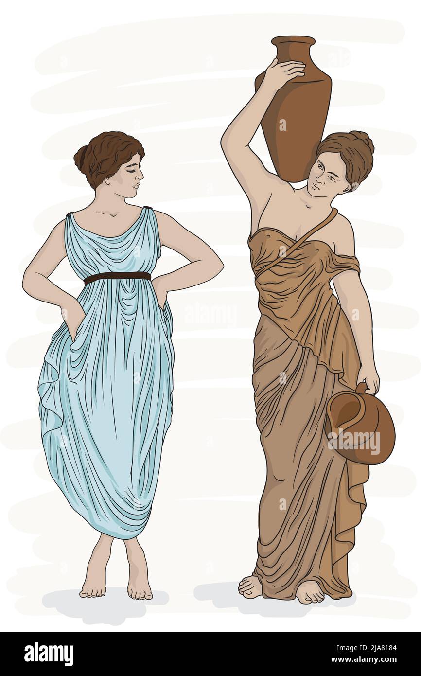 Zwei alte griechische junge schöne Frauen tragen Wasser in Krügen und führen einen Dialog. Stock Vektor