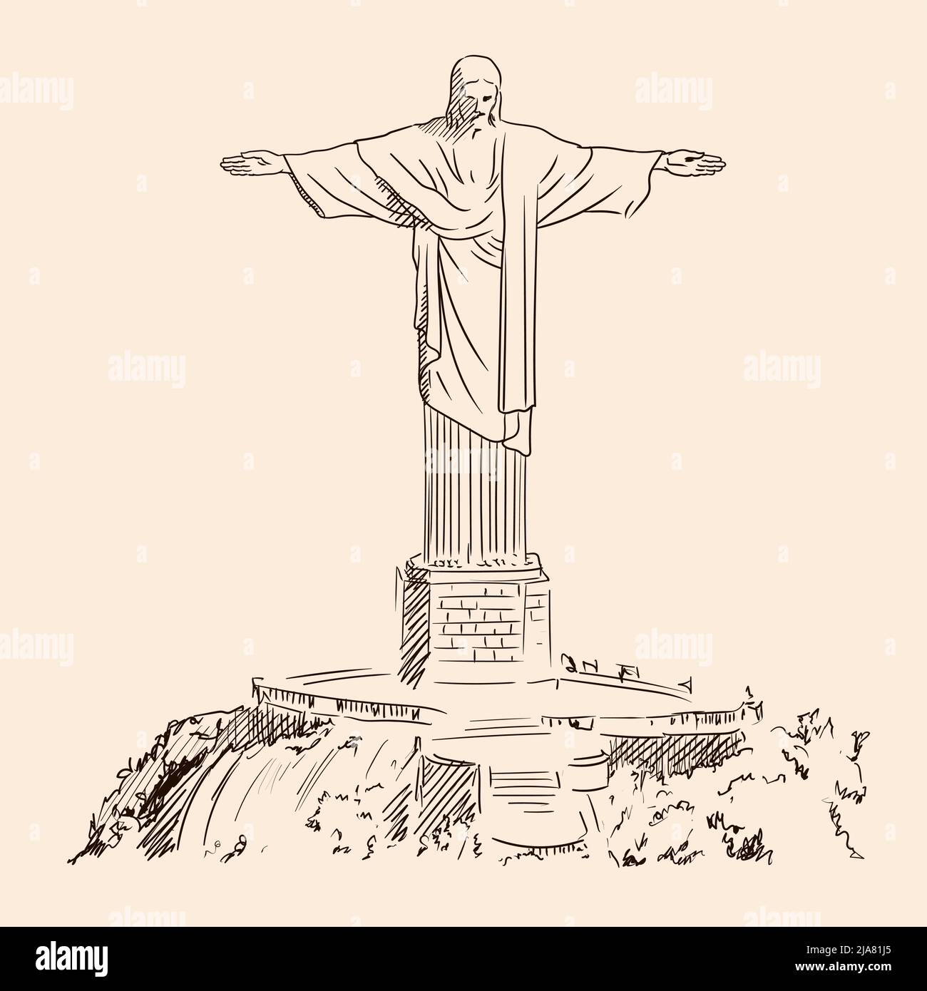 Eine schnelle Handskizze einer großen Statue von Christus dem Erlöser in Rio de Janeiro, Brasilien. Stock Vektor