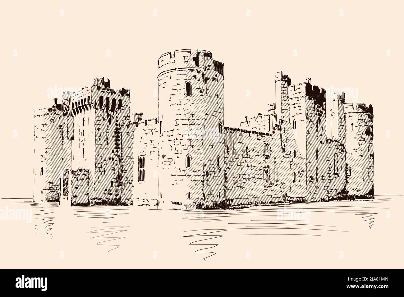Mittelalterliche Steinburg mit Türmen und Bögen am Meer. Stock Vektor