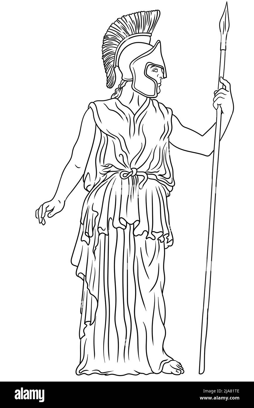 Neben der Säule steht die antike griechische Göttin Pallas Athene in einem Helm mit einem Speer in der Hand. Vektordarstellung auf weißem Hintergrund isoliert. Stock Vektor