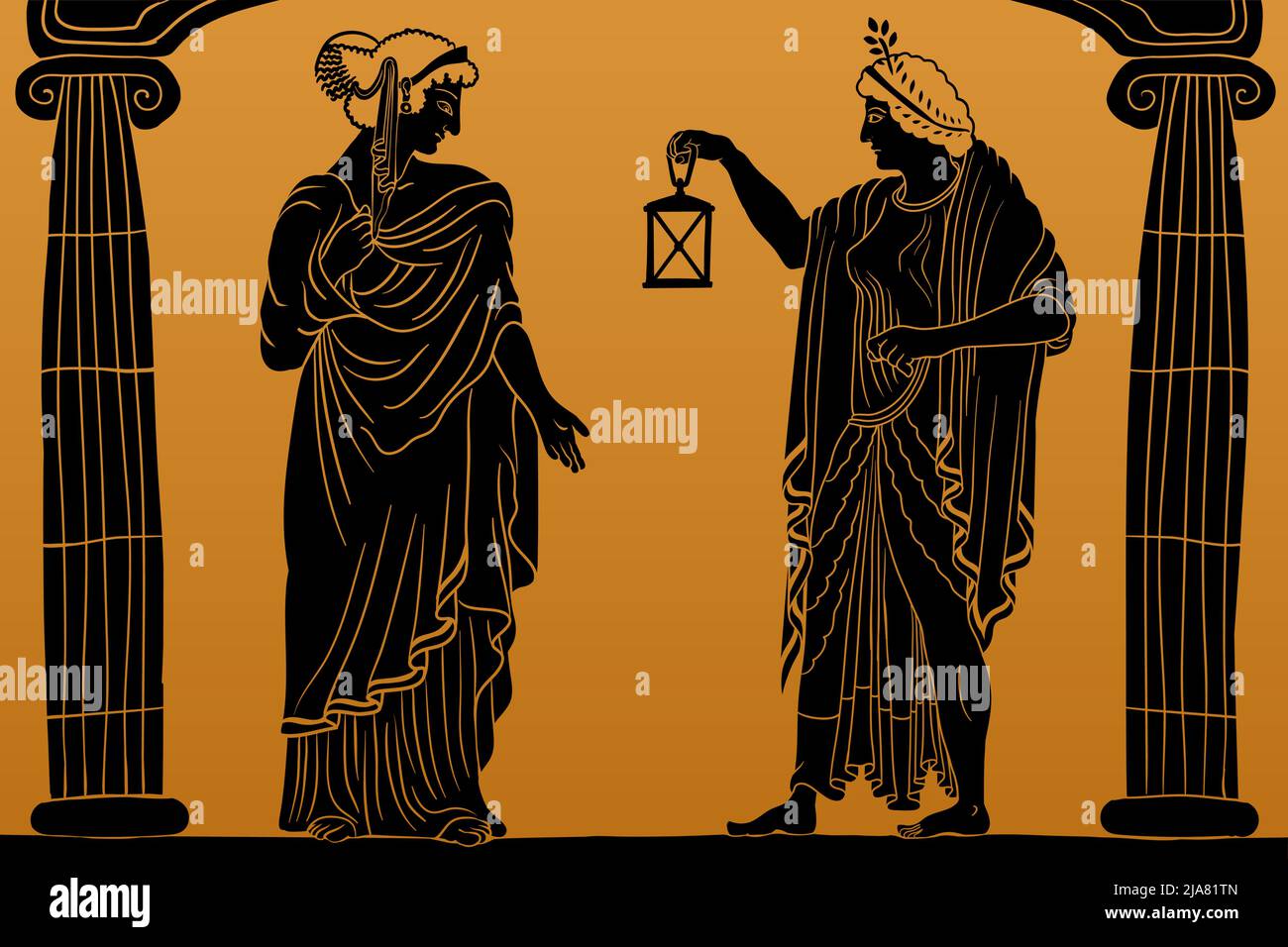 Zwei alte griechische junge Frauen mit einem Lorbeerkranz auf dem Kopf in einer Tunika und einem Umhang stehen zwischen zwei Säulen und halten eine Laterne in der Hand. Stock Vektor