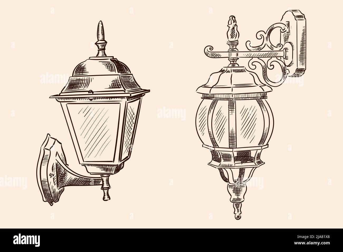Hängelampe im klassischen Stil für die Straßenbeleuchtung. Handgefertigte Skizze auf beigem Hintergrund. Stock Vektor