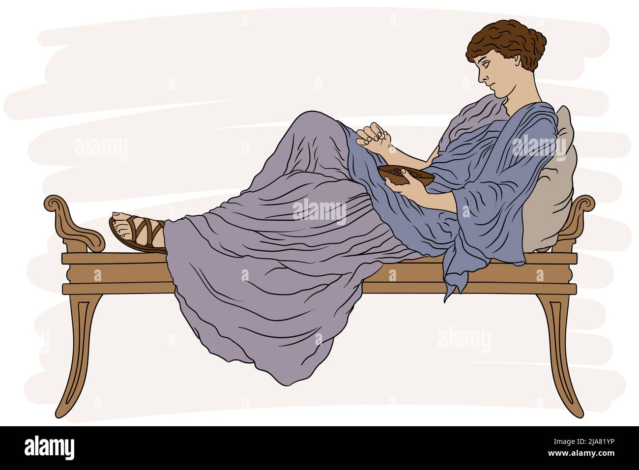 Eine junge griechische Frau liegt mit Kissen auf dem Bett und isst Obst aus der Schüssel. Stock Vektor