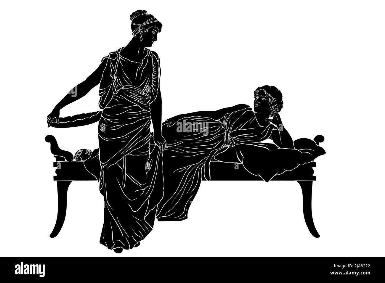 Zwei alte griechische Frauen in Tuniken unterhalten sich im Schlafzimmer. Figuren isoliert auf weißem Hintergrund. Stock Vektor