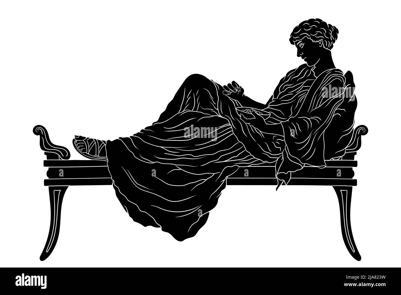 Eine junge alte griechische Frau liegt mit Kissen auf dem Bett und isst Früchte aus der Schale, die auf weißem Hintergrund isoliert ist. Stock Vektor
