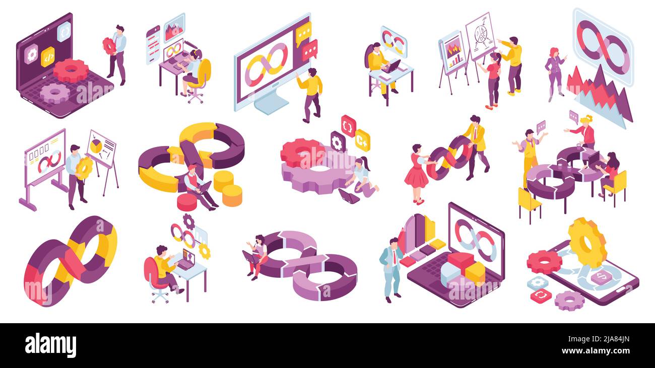DevOps Engineering isometrische Set mit Farbe Unendlichkeit Symbol Zahnräder Zeichen von Programmierern bei der Arbeit 3D isolierte Vektor-Illustration Stock Vektor