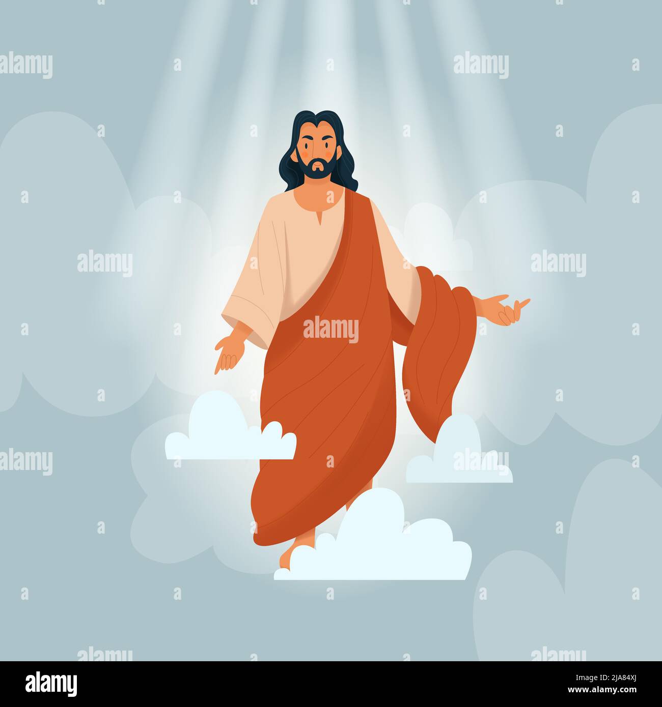 Christus bibel Geschichte Zusammensetzung jesus kommt vom Himmel in der Sonnenlicht Vektor-Illustration Stock Vektor