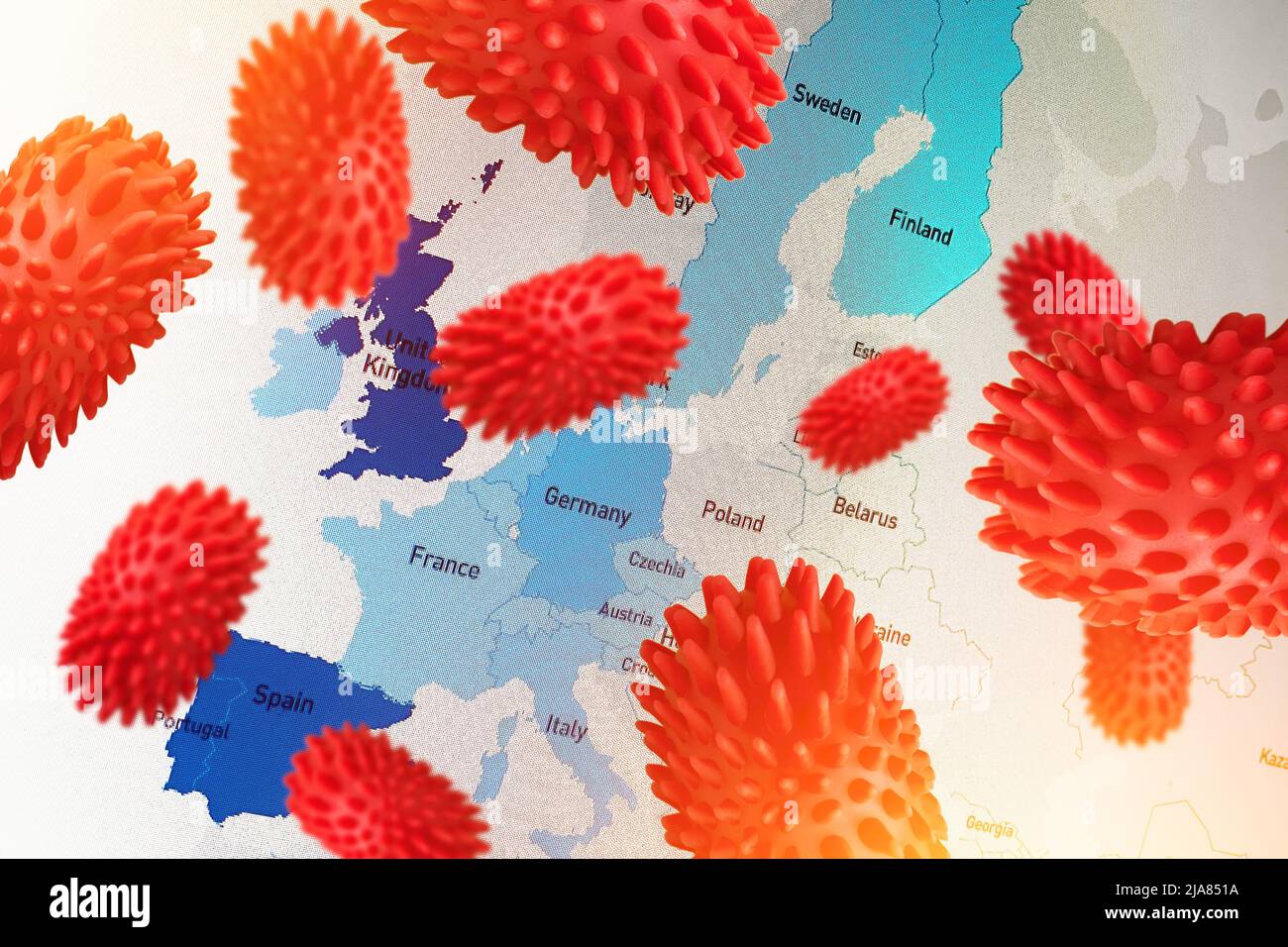 Karte der Ausbreitung des Monkeypox-Virus in Europa. Abstraktes Pockenvirus-Modell. Ausbruch der Krankheit Stockfoto