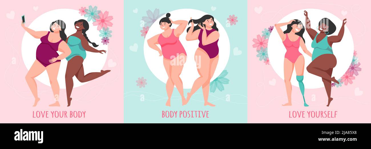 Body positive Design-Konzept mit quadratischen Kompositionen von weiblichen plus size Zeichen mit reich verzierten Textunterschriften Vektor-Illustration Stock Vektor