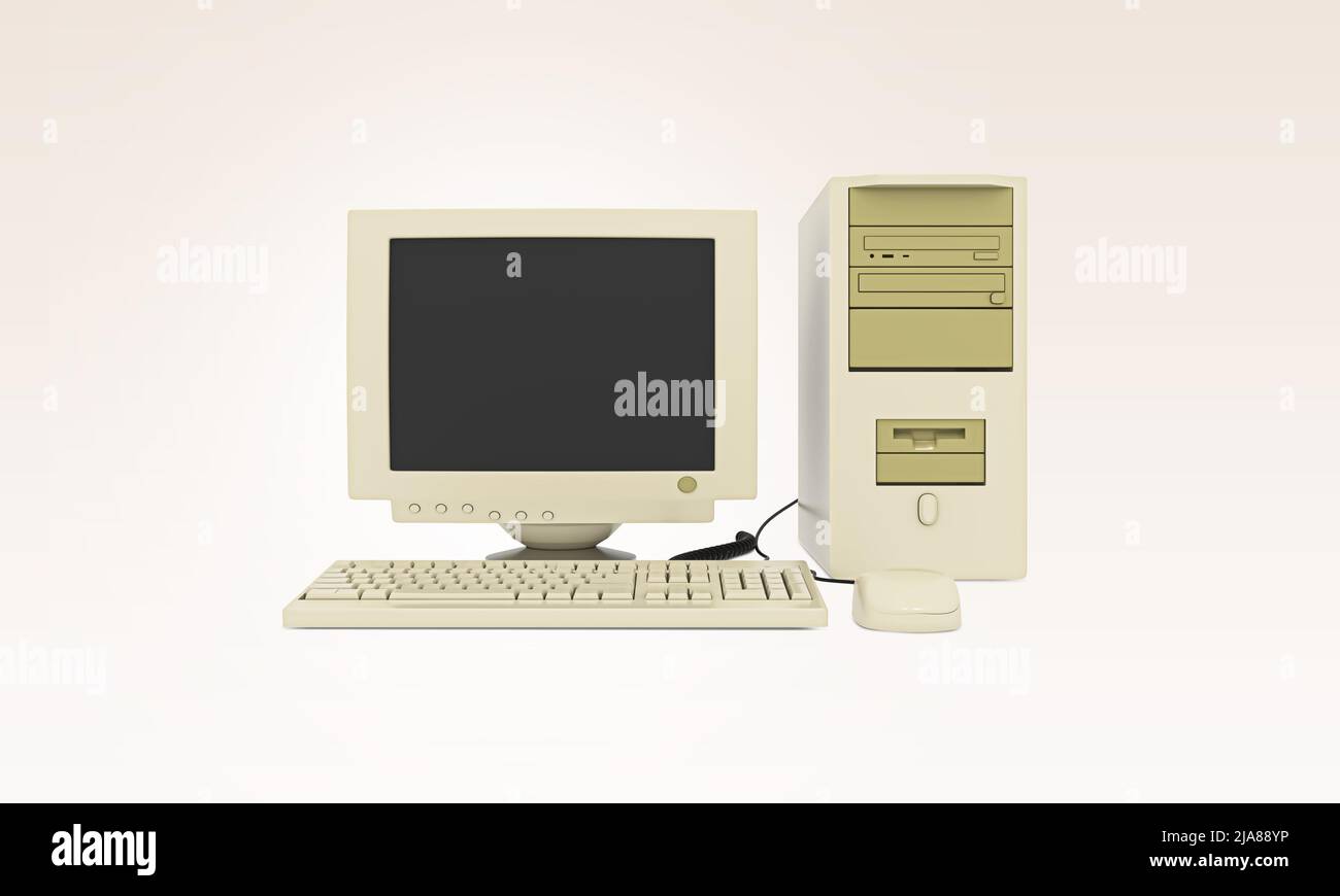 Alte Vintage-Desktop-Computer mit Tastatur und Maus. Altmodischer Desktop-PC. PC im Retro-Stil. Stockfoto