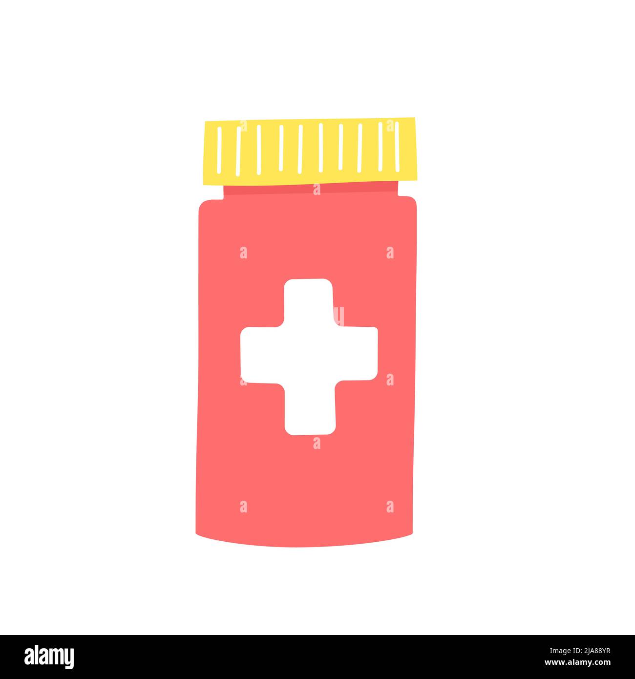 Handgezeichnete Vektordarstellung der Medikamentenflasche in flacher Ausführung. Niedliche Illustration einer Medizinflasche auf weißem Hintergrund Stock Vektor